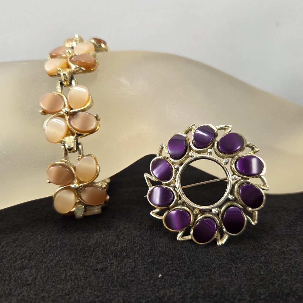 Vintage 60s Cats-Eye Lucite Bracelet & Brooch Set, Gold/Silvertone, Purple/Pinks